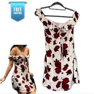 RED ROSES FLORAL OFF THE SHOULDER MINI DRESS - XS